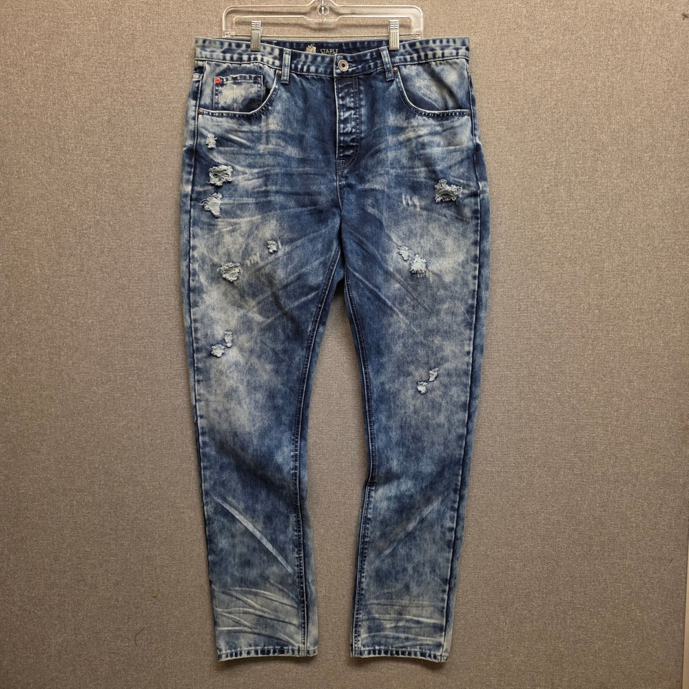 Staple Pigeon Mens Distressed Acid Wash Blue Denim Jeans Size 38 Streetwear NWOT
